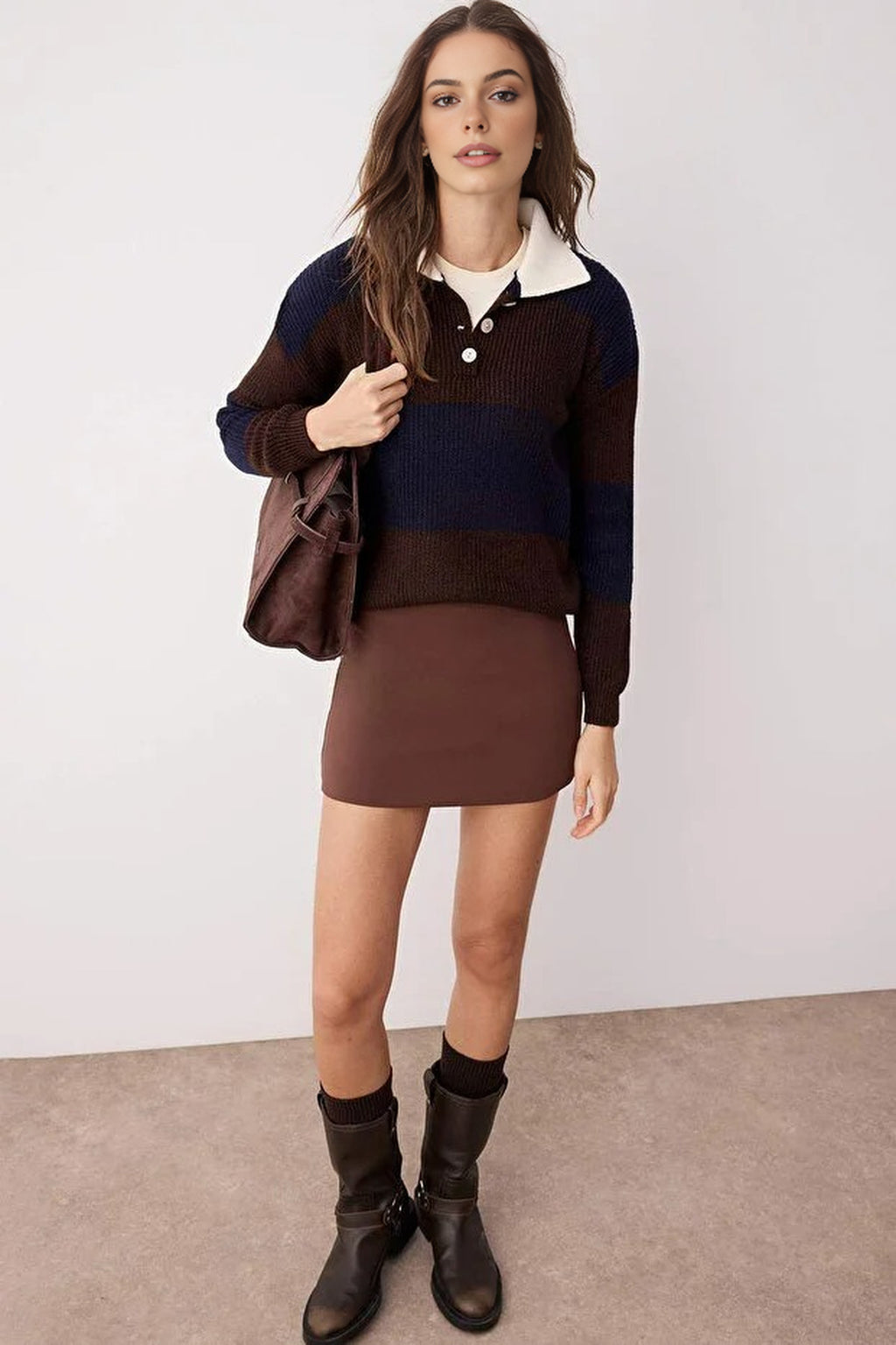 Soft-Textured Polo Neck Knit Sweater