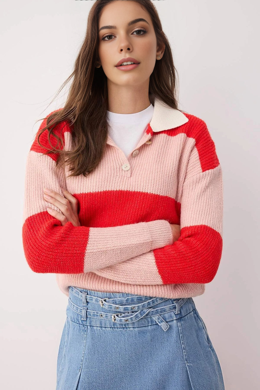 Soft-Textured Polo Neck Knit Sweater