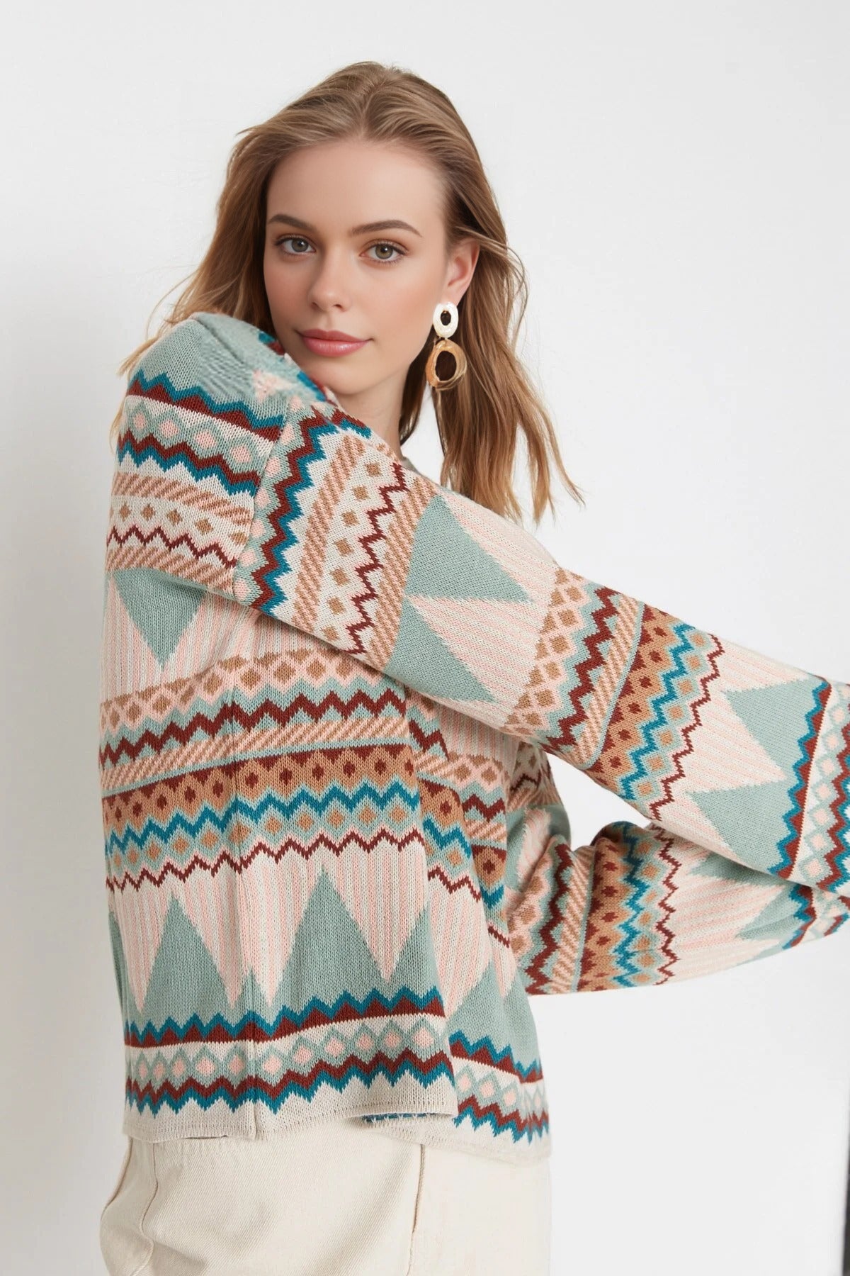 Ethnic Patterned Crew Neck Knit Sweater