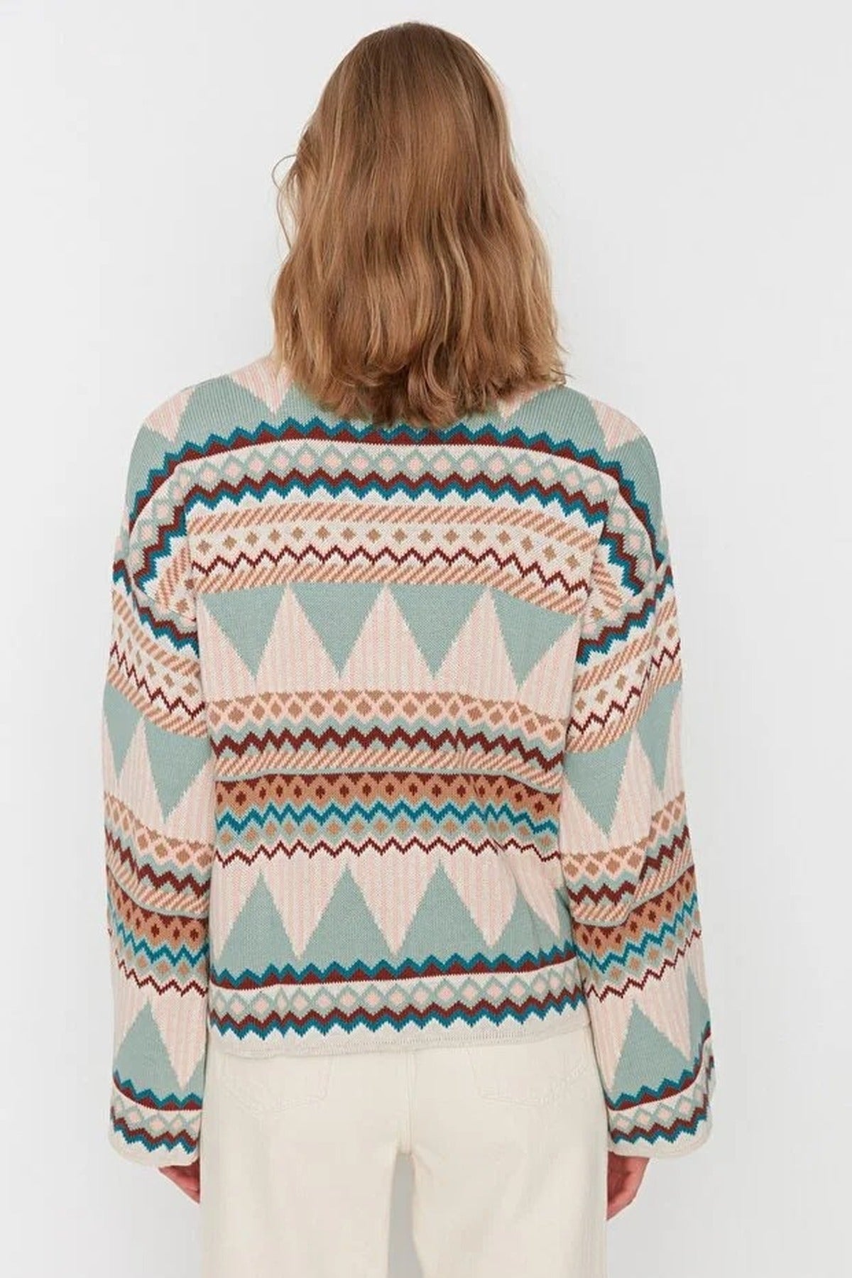 Ethnic Patterned Crew Neck Knit Sweater