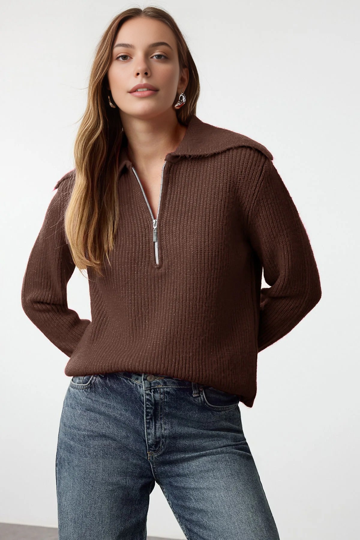 Oversize Polo Collar Knit Sweater with  Zipper Detail