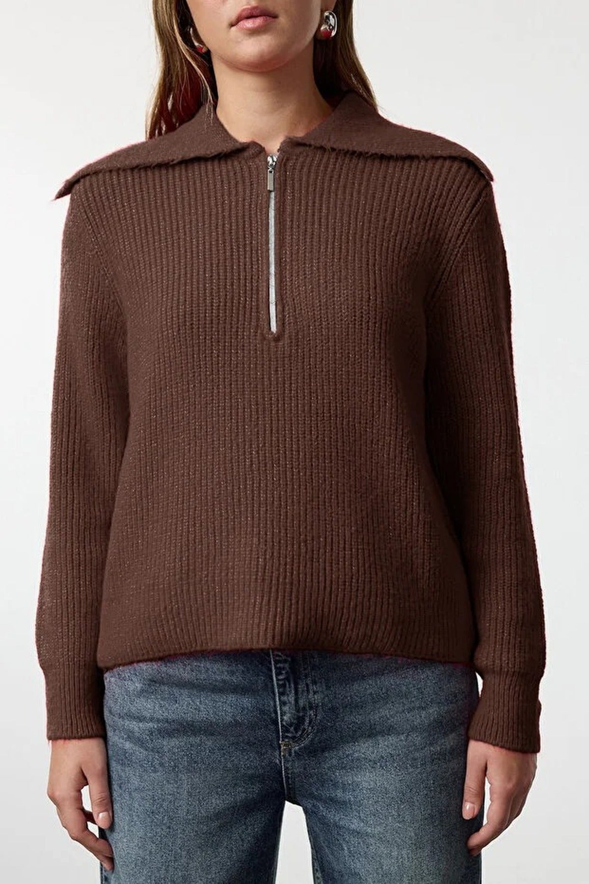 Oversize Polo Collar Knit Sweater with  Zipper Detail
