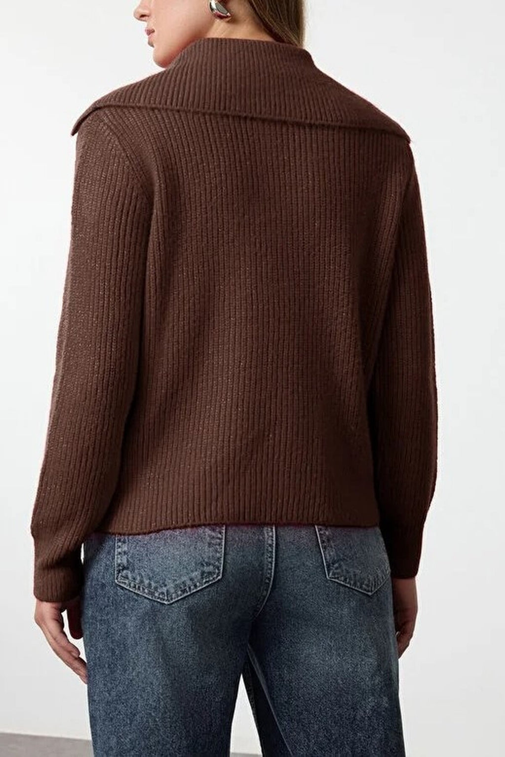 Oversize Polo Collar Knit Sweater with  Zipper Detail