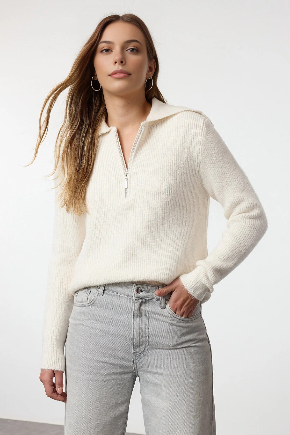Oversize Polo Collar Knit Sweater with  Zipper Detail