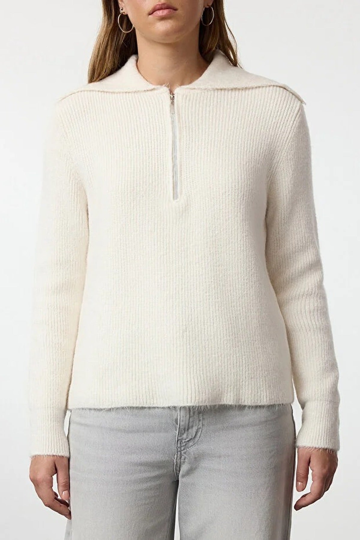 Oversize Polo Collar Knit Sweater with  Zipper Detail