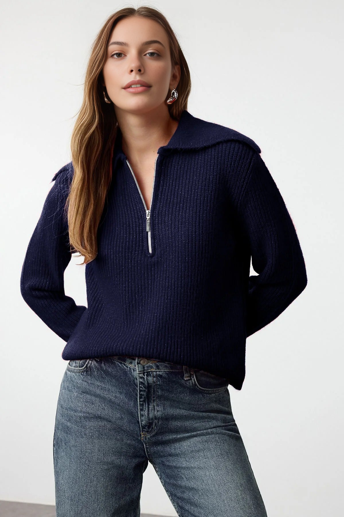 Oversize Polo Collar Knit Sweater with  Zipper Detail