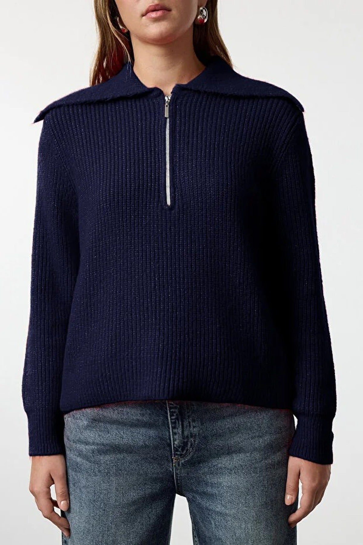 Oversize Polo Collar Knit Sweater with  Zipper Detail