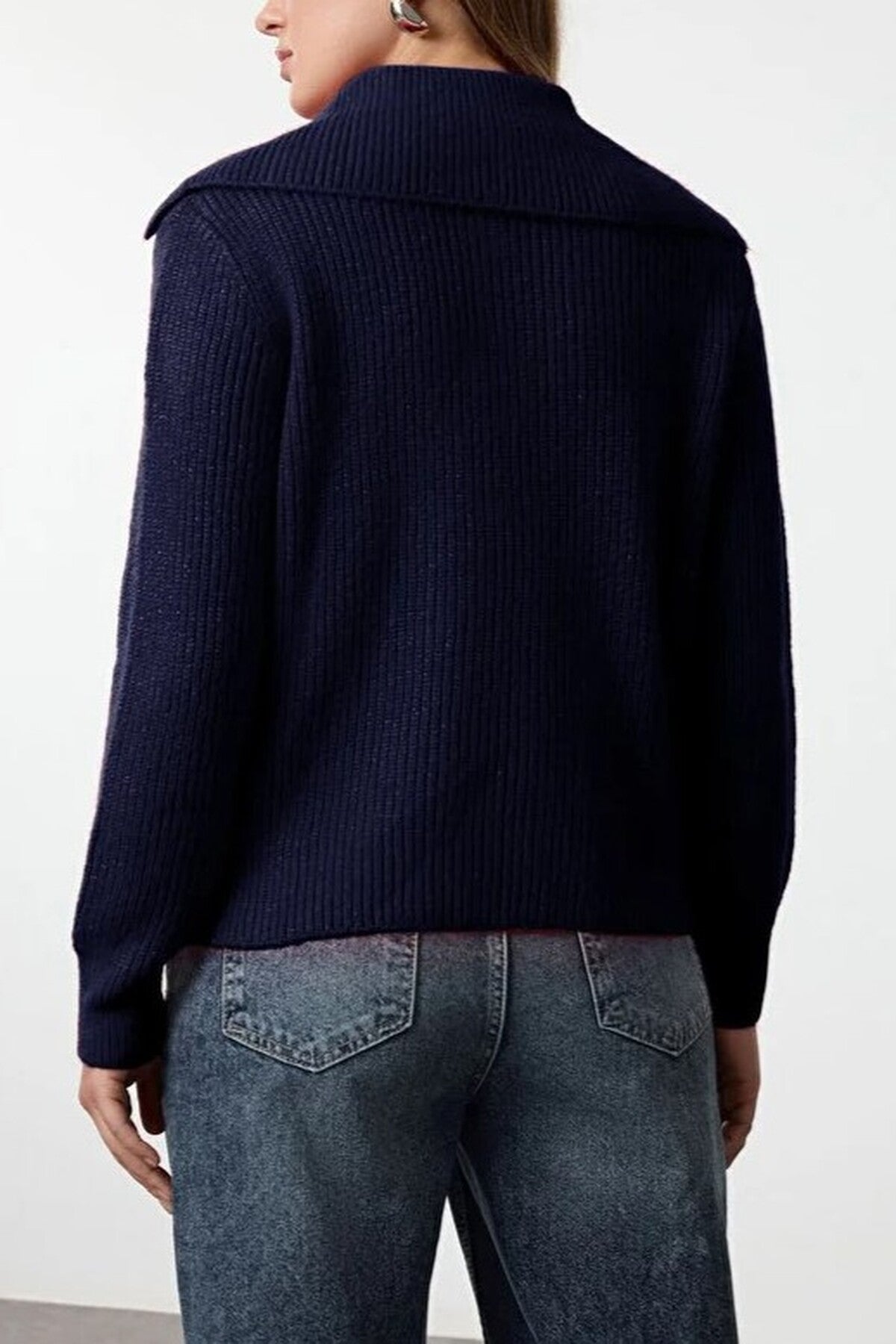 Oversize Polo Collar Knit Sweater with  Zipper Detail
