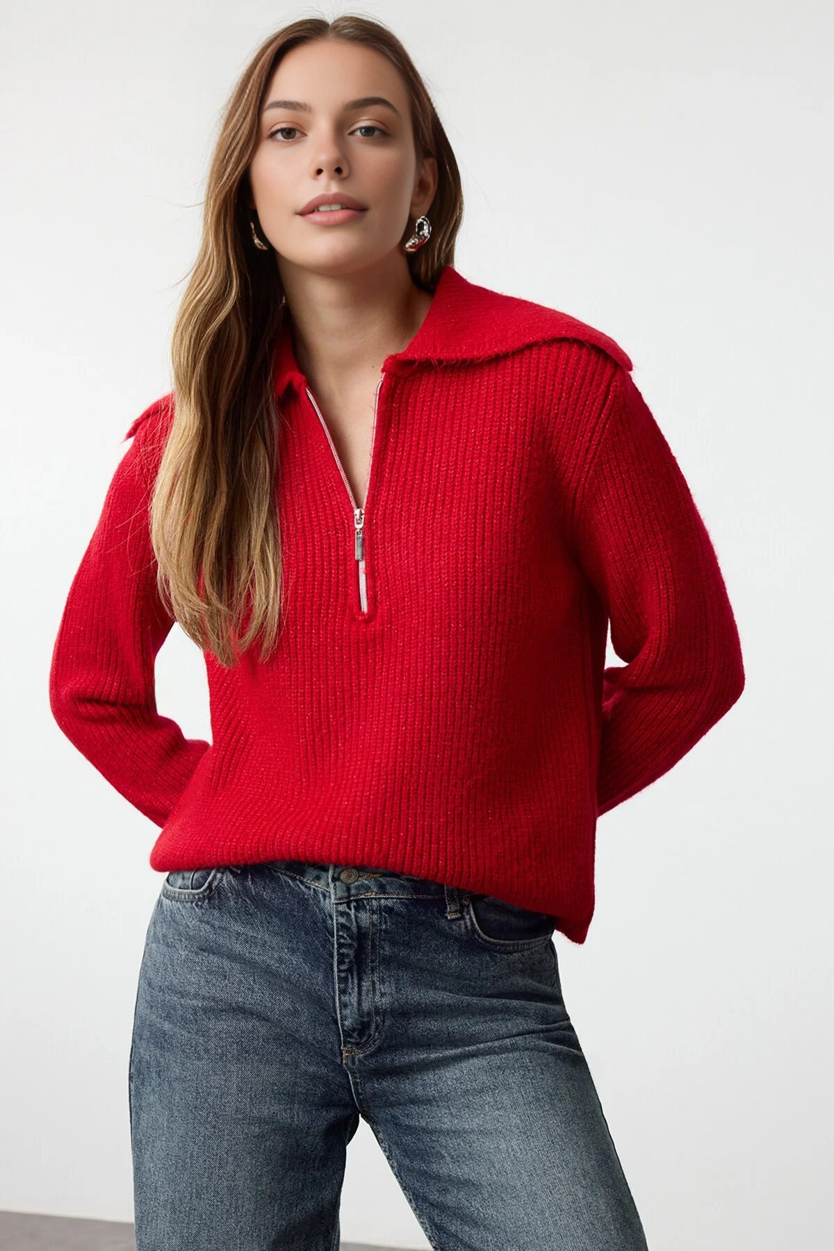 Oversize Polo Collar Knit Sweater with  Zipper Detail