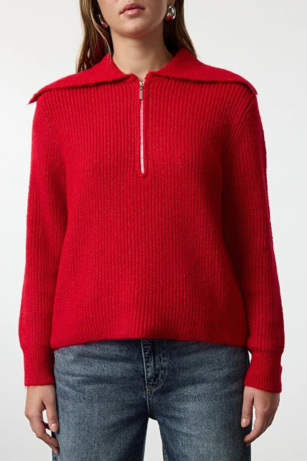 Oversize Polo Collar Knit Sweater with  Zipper Detail