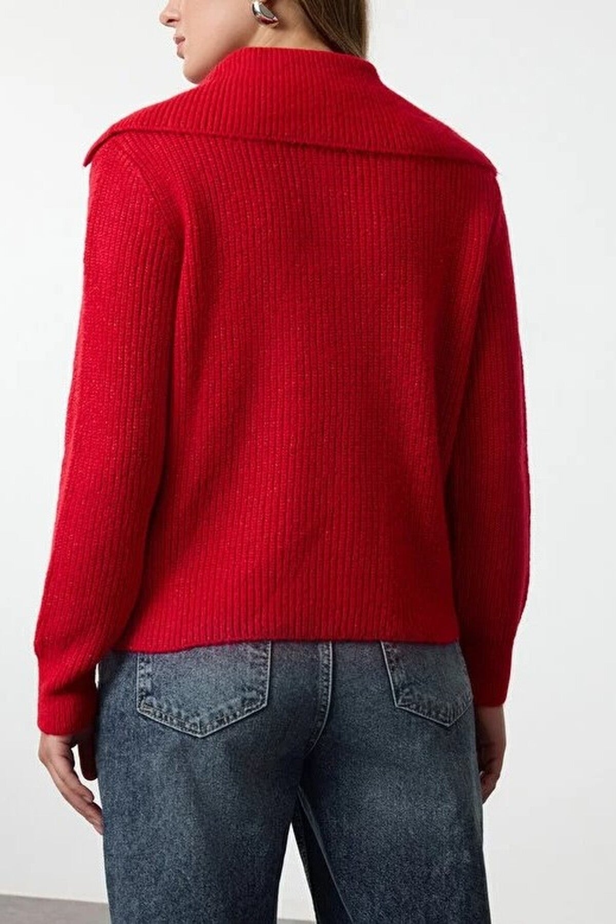 Oversize Polo Collar Knit Sweater with  Zipper Detail