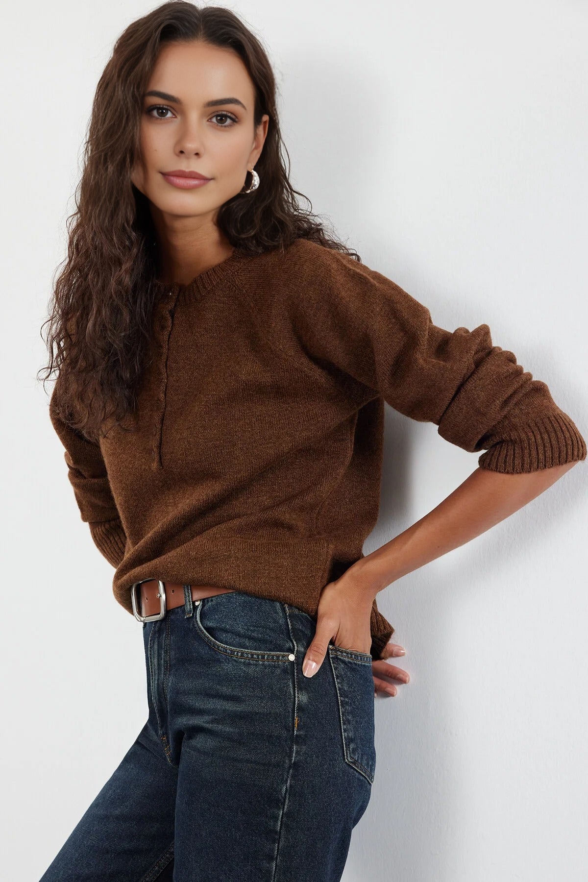 Soft-Textured Knit Sweater with Button Detail