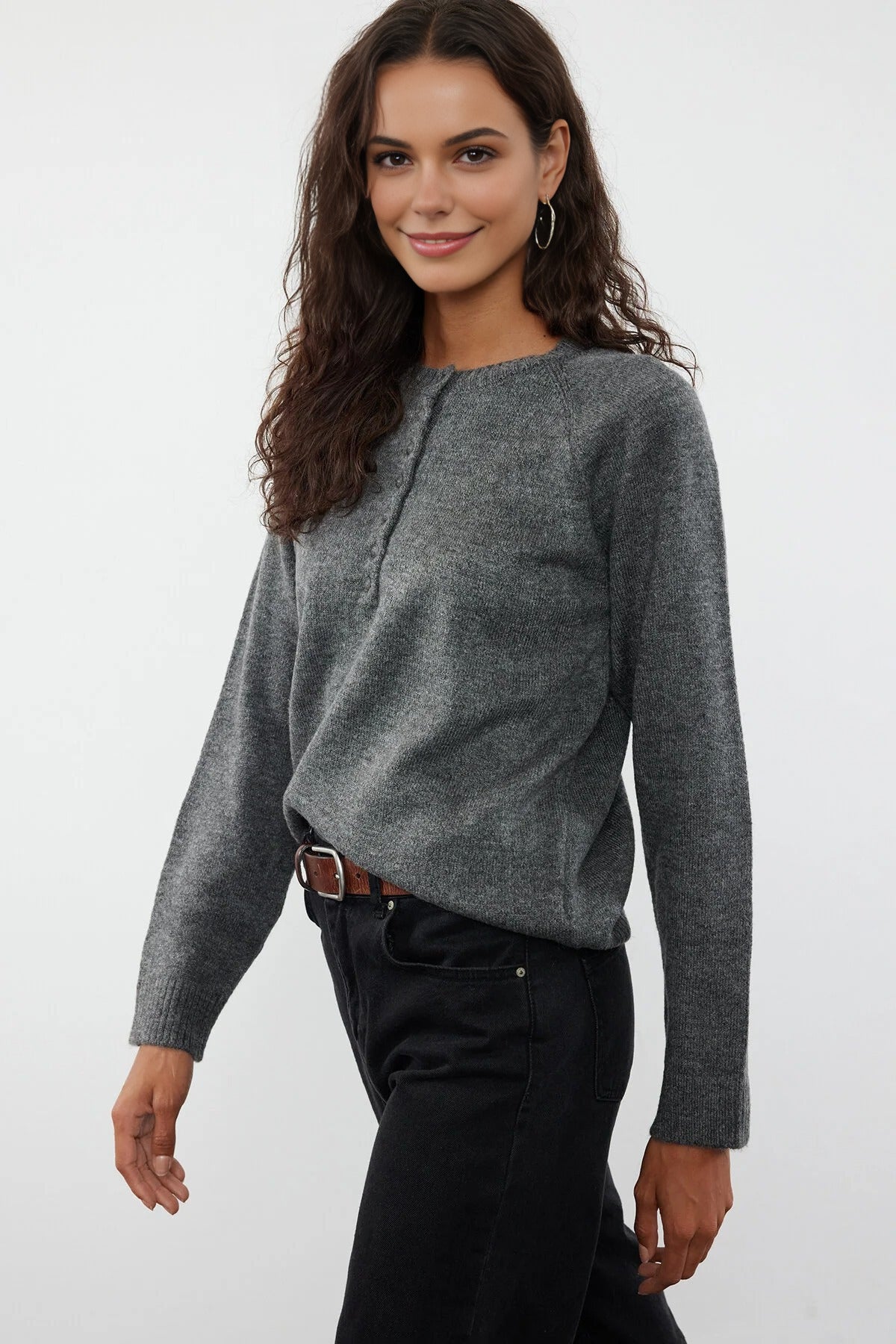 Soft-Textured Knit Sweater with Button Detail