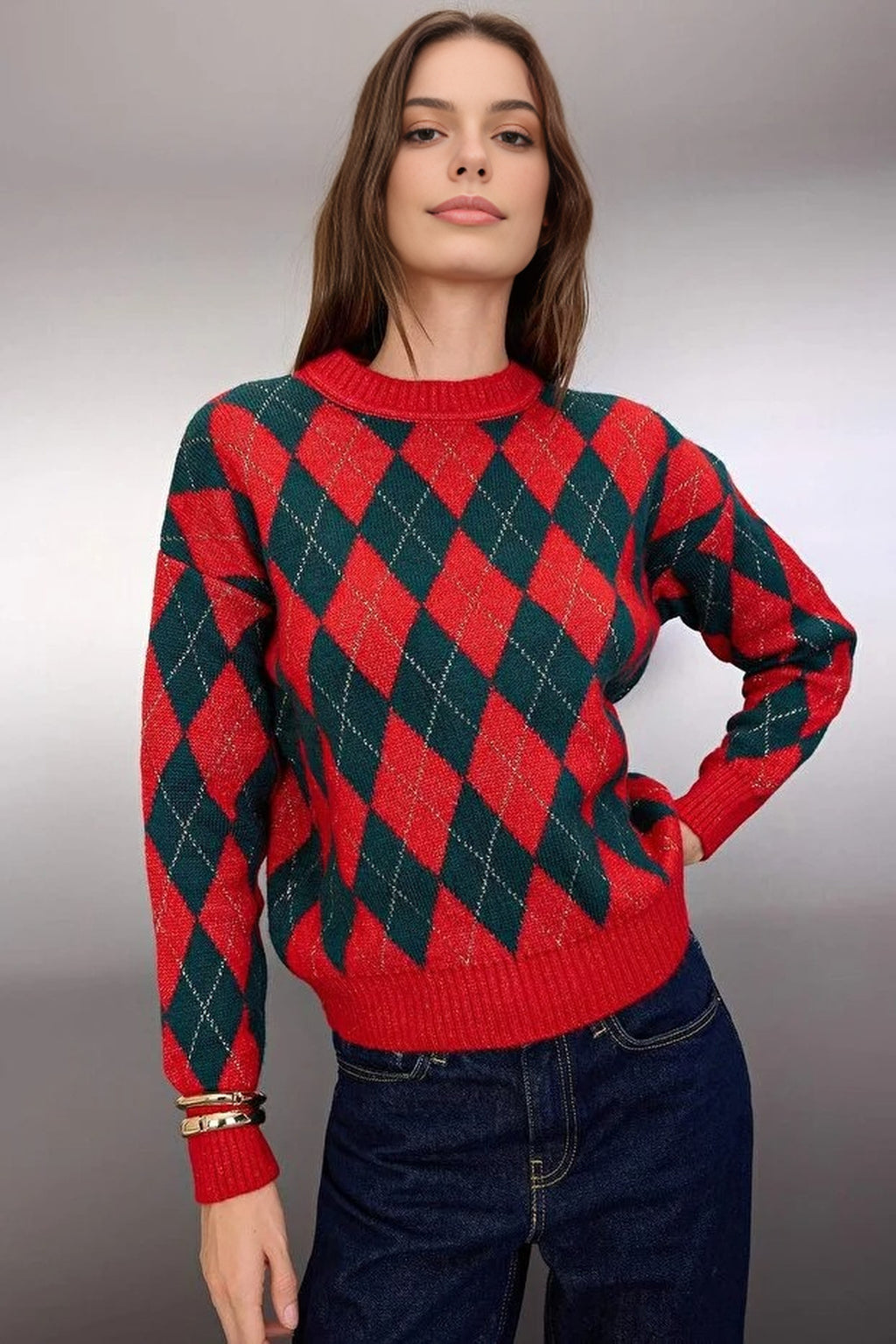 Christmas Themed Soft-Textured Glittery Argyle Knit Sweater