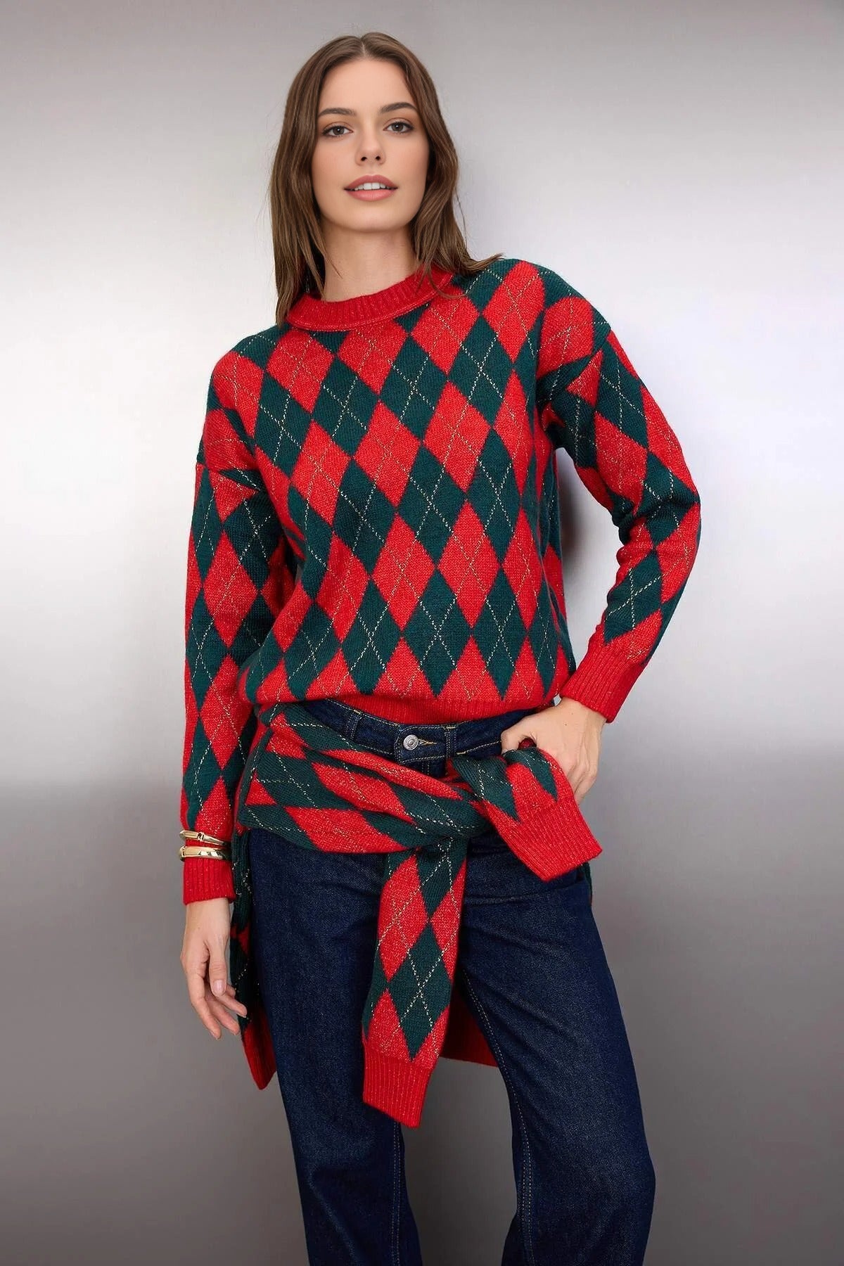 Christmas Themed Soft-Textured Glittery Argyle Knit Sweater