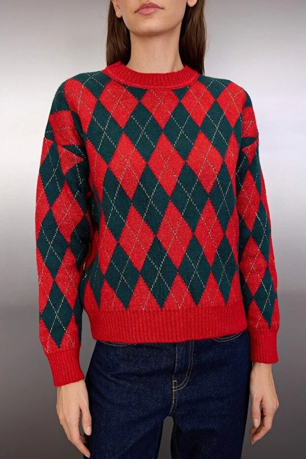 Christmas Themed Soft-Textured Glittery Argyle Knit Sweater