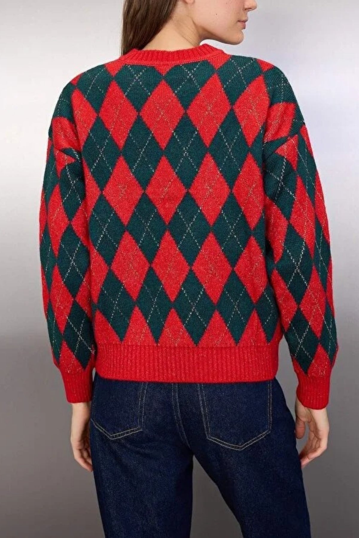 Christmas Themed Soft-Textured Glittery Argyle Knit Sweater