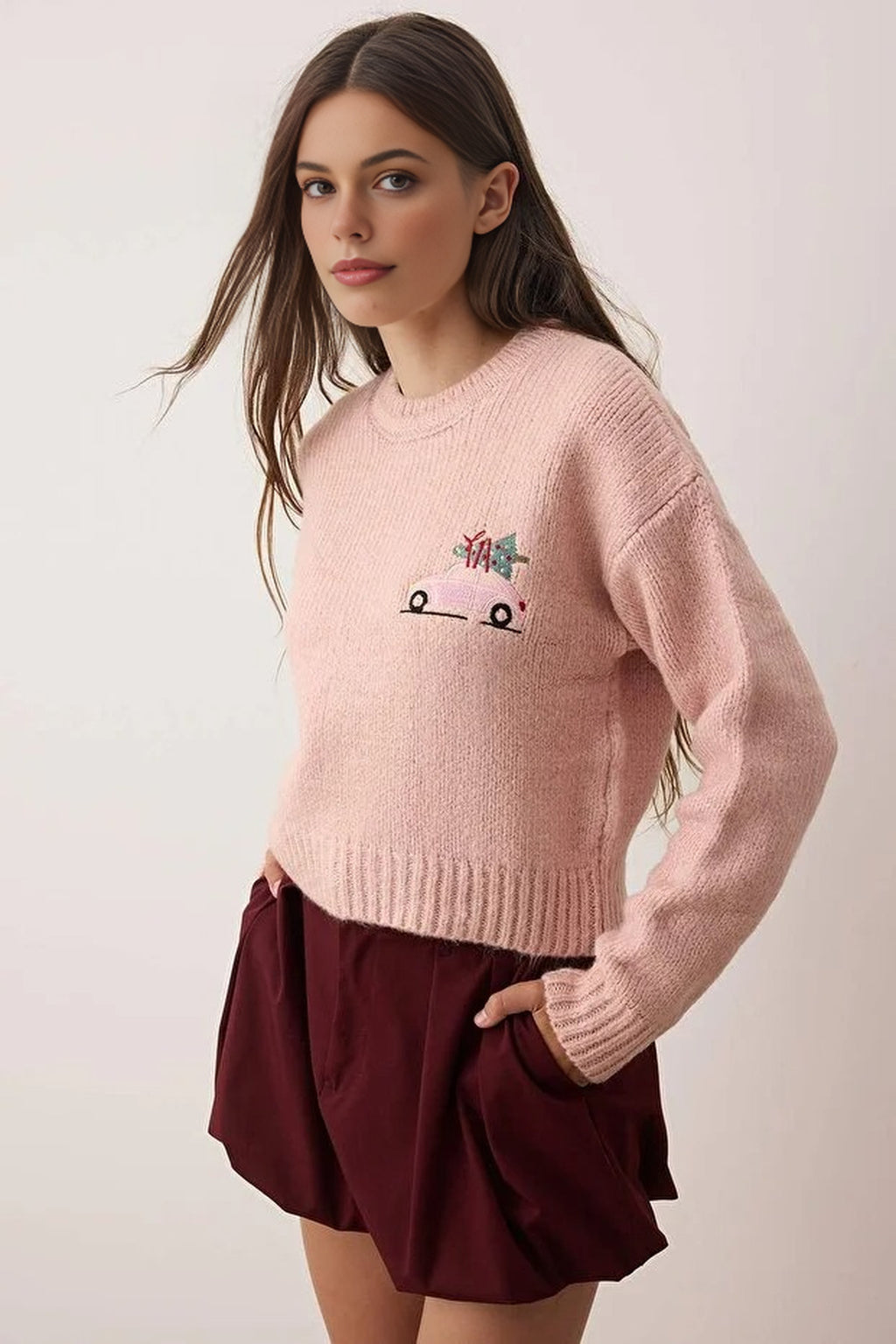 Christmas Themed Crop Soft-Textured Knit Sweater