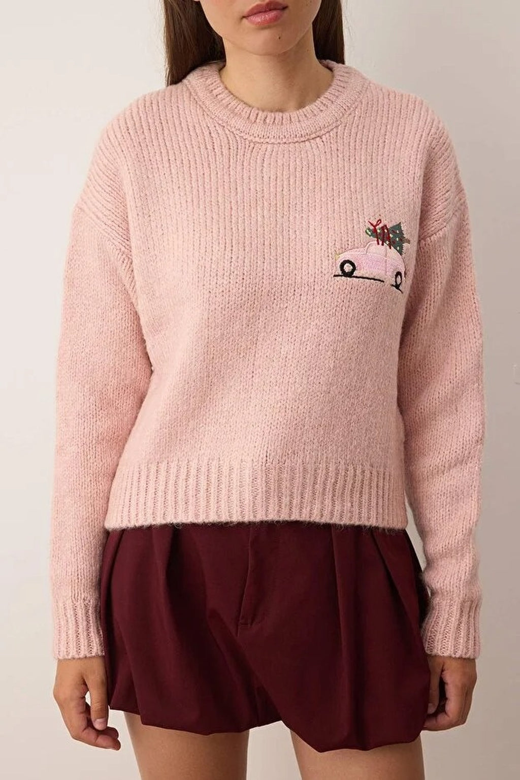 Christmas Themed Crop Soft-Textured Knit Sweater