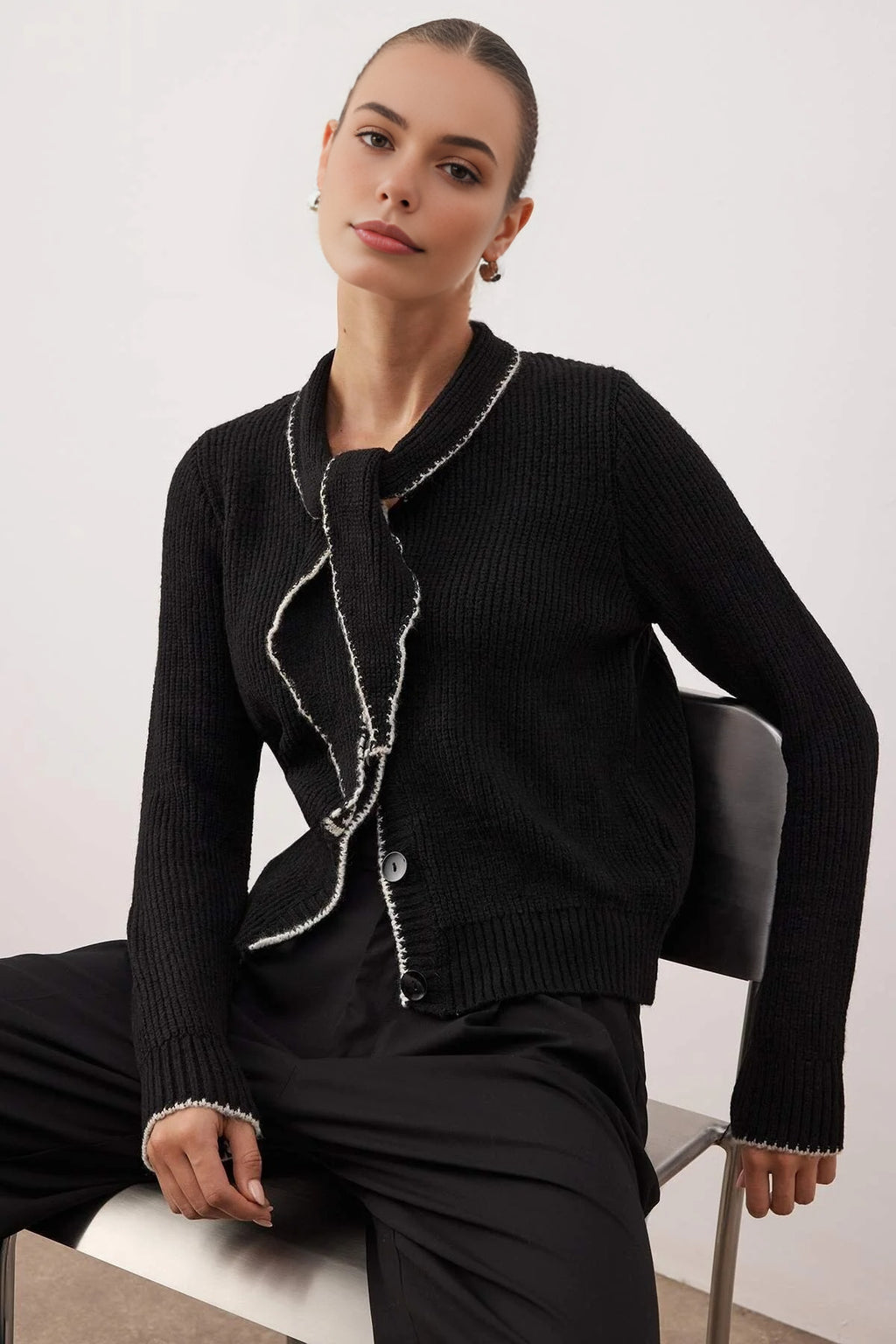 Color Block Knit Sweater with Shawl Collar Detail