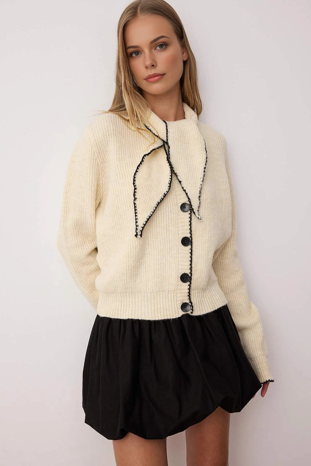 Color Block Knit Sweater with Shawl Collar Detail