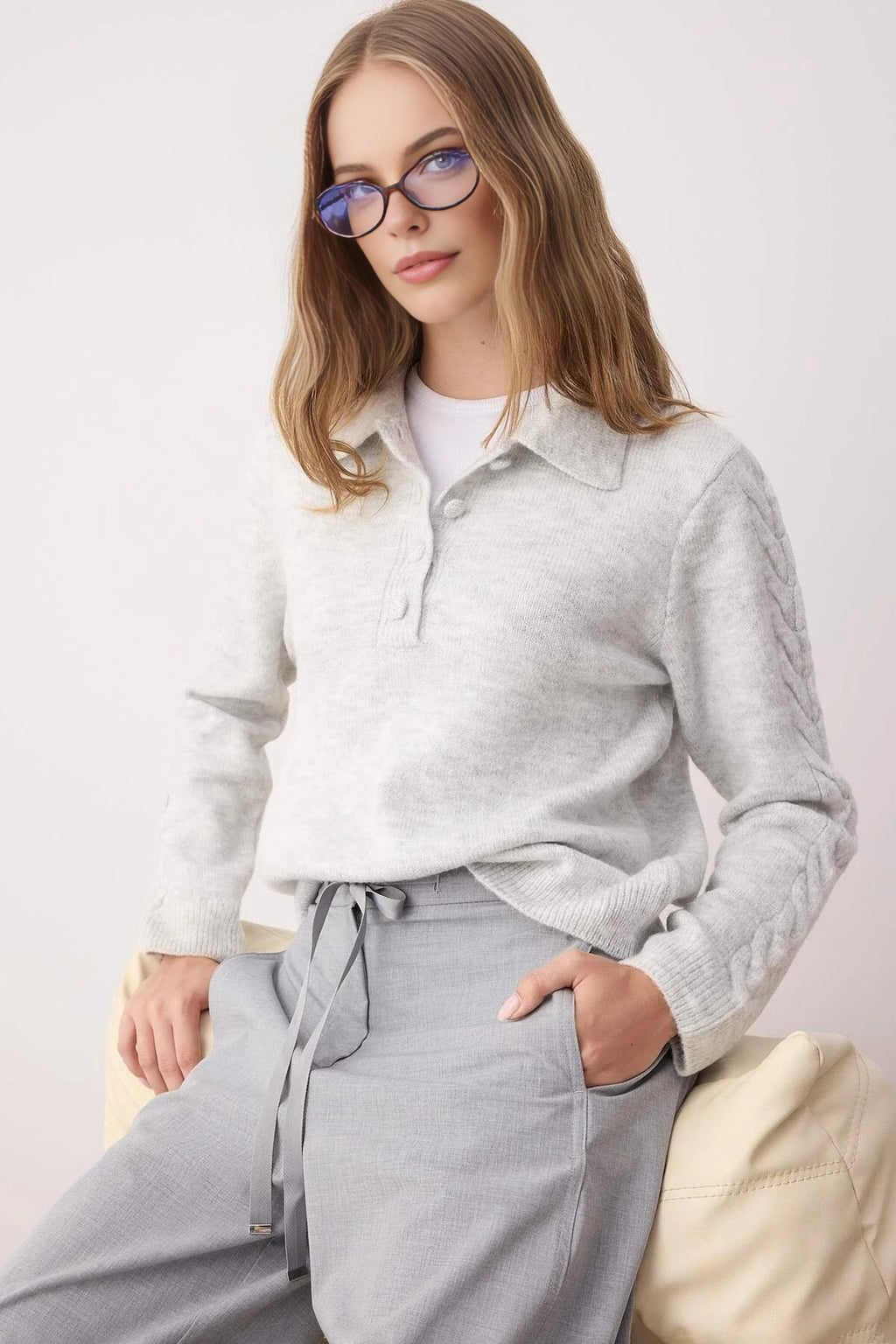 Soft-Textured Knit Sweater with Hair Knitting Detail