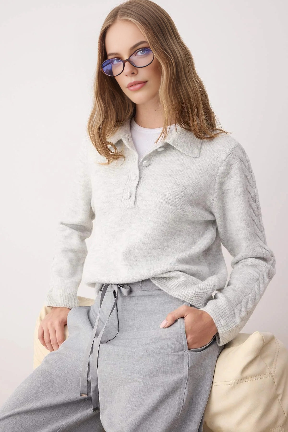 Soft-Textured Knit Sweater with Hair Knitting Detail