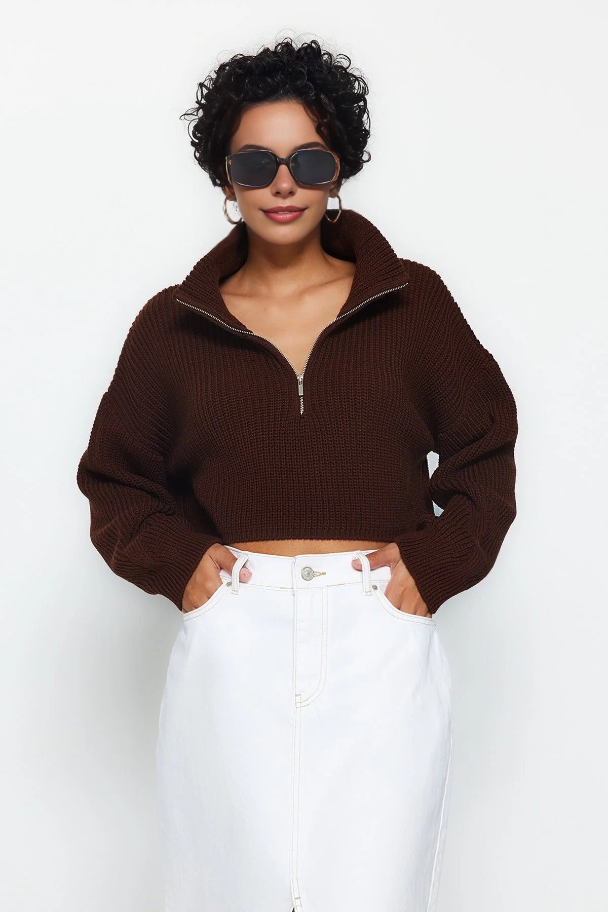 Super Crop Knit Sweater with Zipper Detail