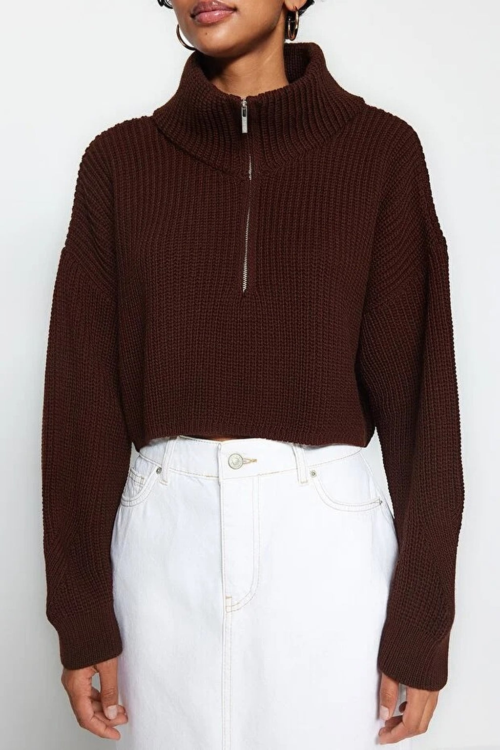 Super Crop Knit Sweater with Zipper Detail