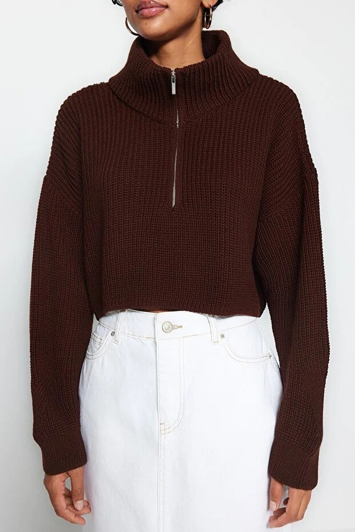 Super Crop Knit Sweater with Zipper Detail