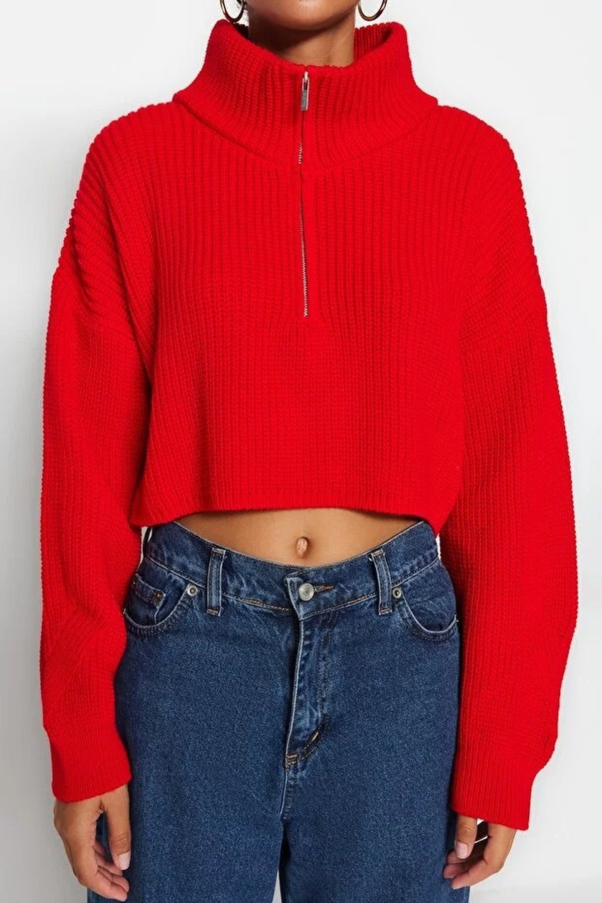 Super Crop Knit Sweater with Zipper Detail