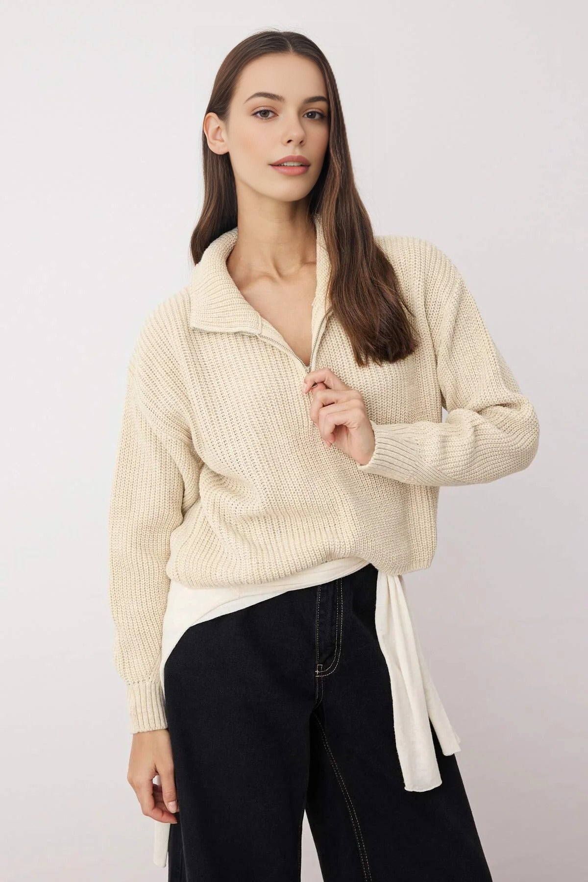 Super Crop Knit Sweater with Zipper Detail