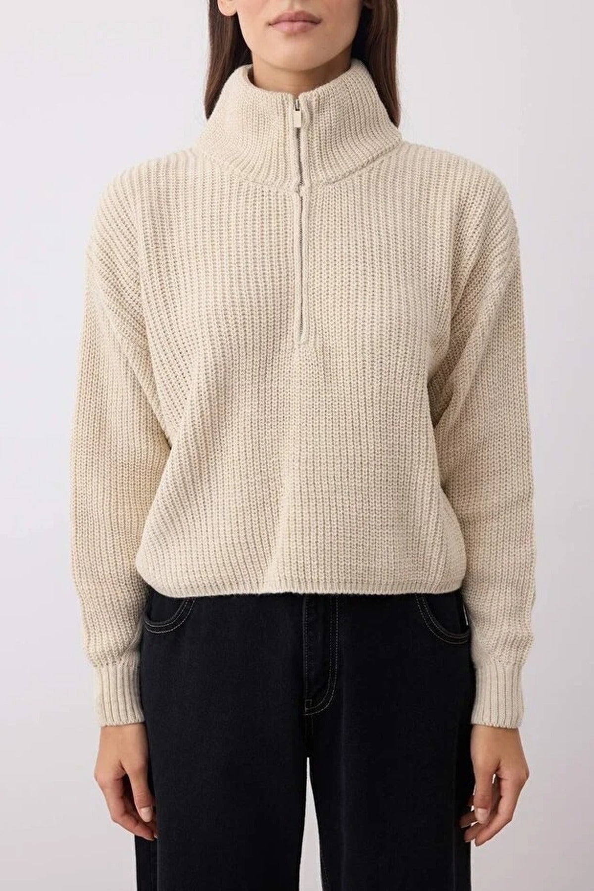 Super Crop Knit Sweater with Zipper Detail