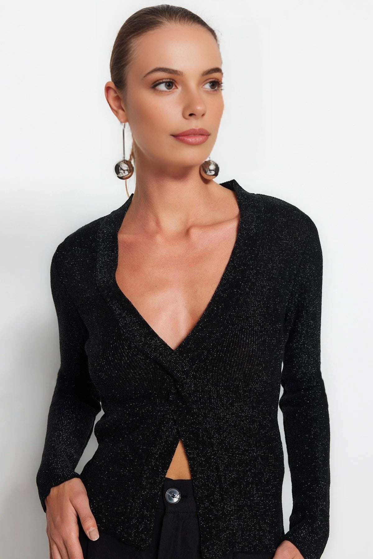 Glittery Knit Sweater with Slit Detail