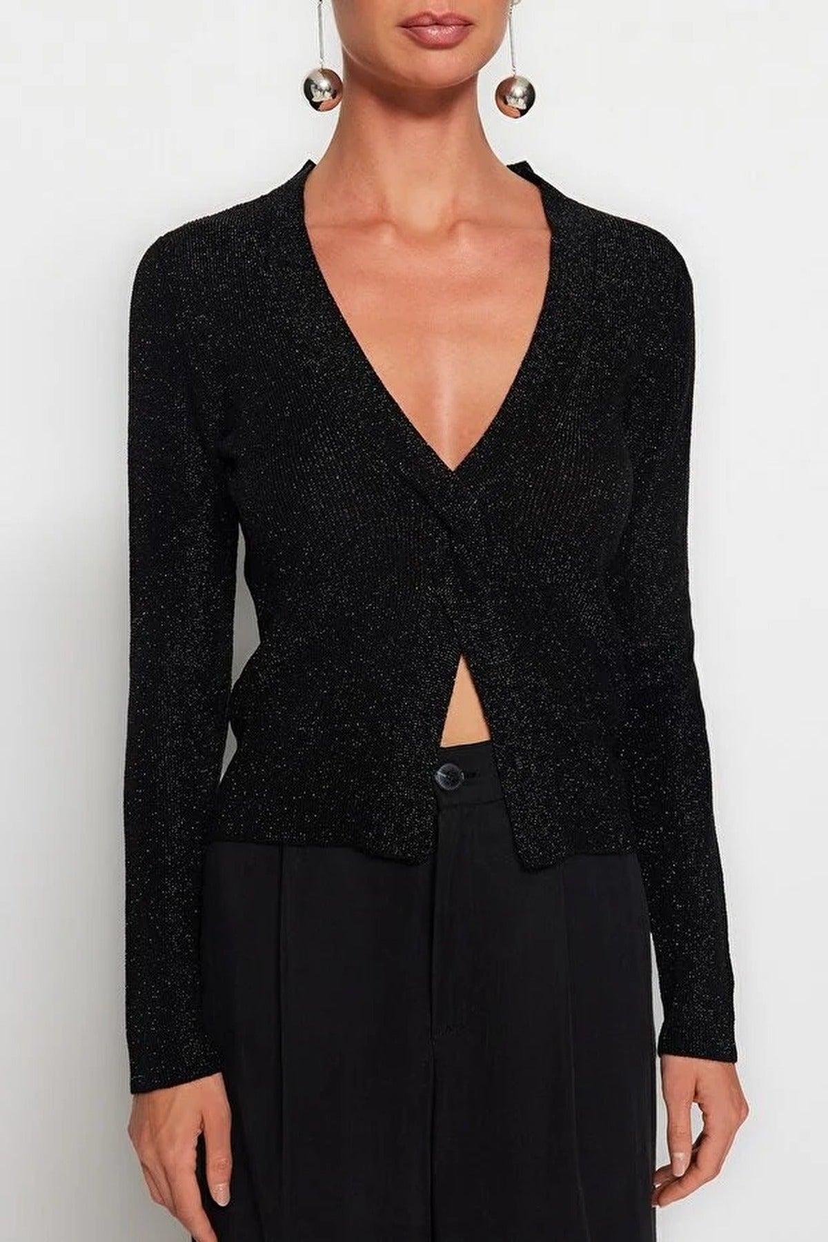 Glittery Knit Sweater with Slit Detail
