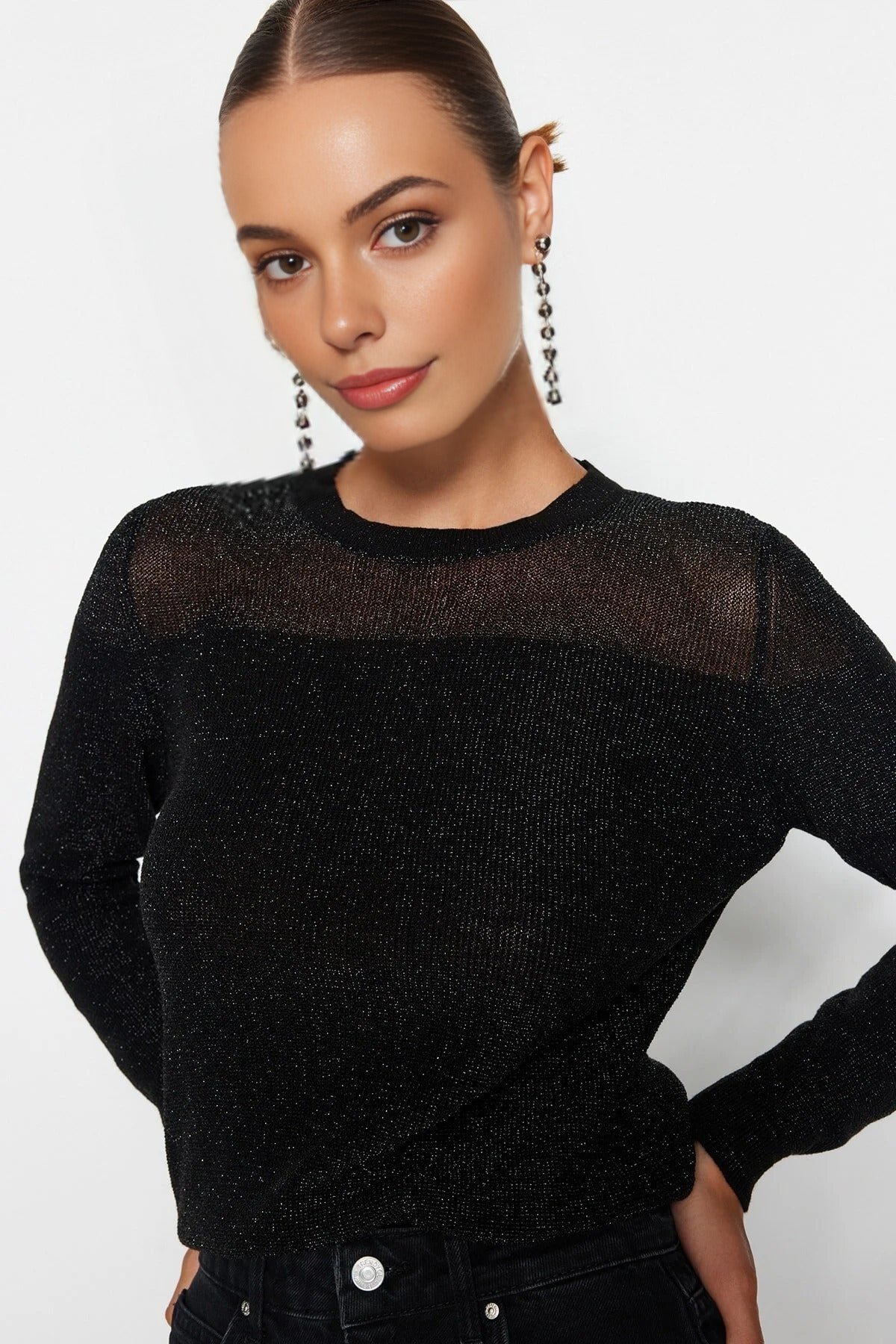 Glittery Knit Sweater with Transparent Details