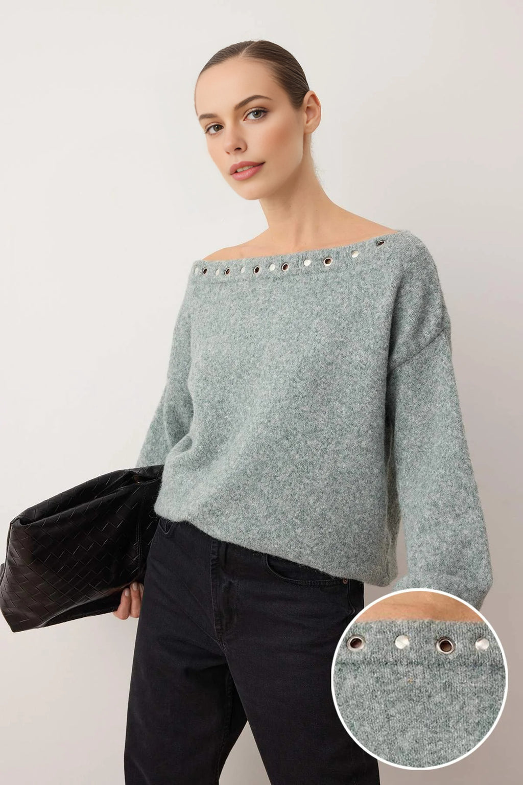 Boat Neck Woolen Soft Texture Knit Sweater with Eyelet Detail