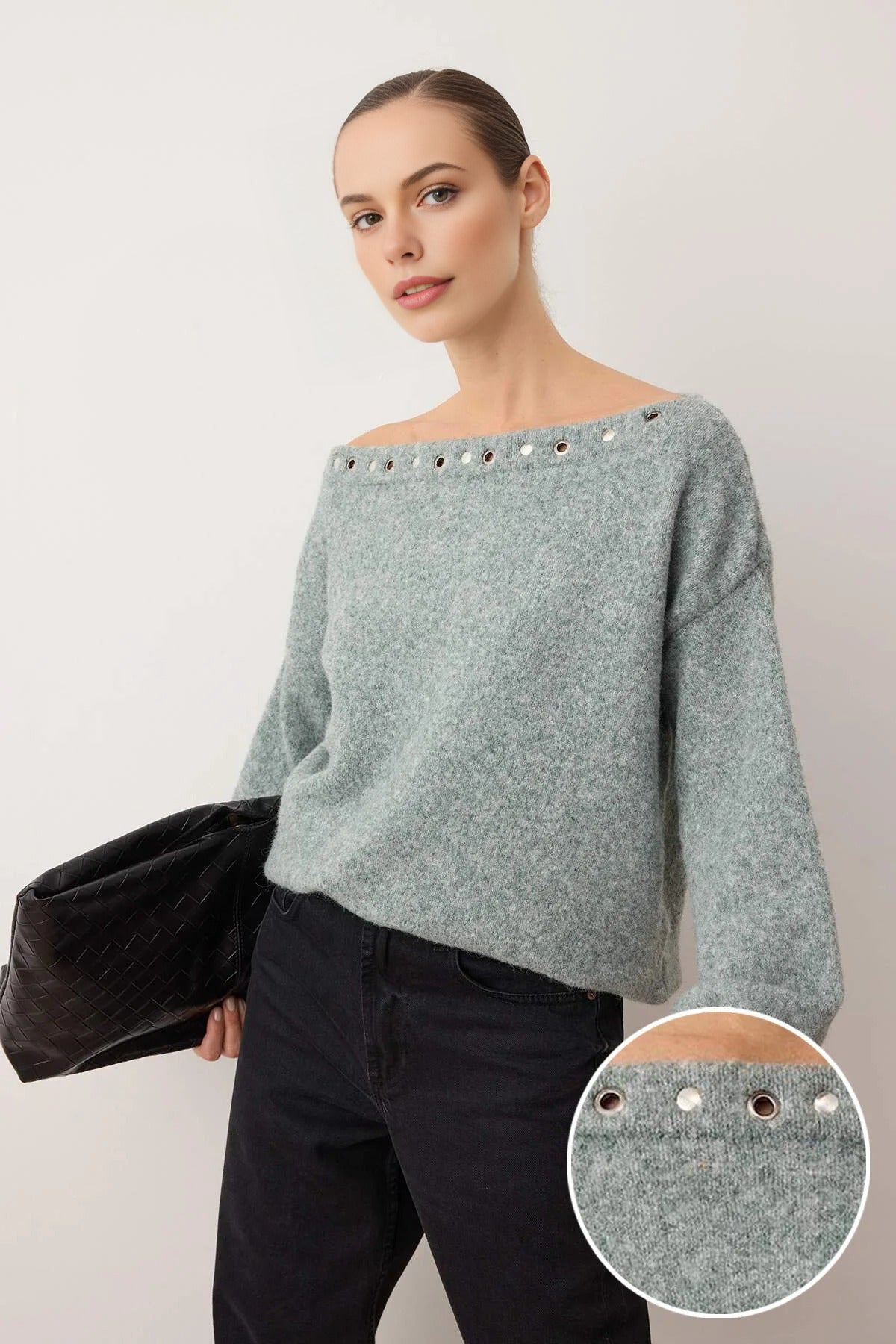 Boat Neck Woolen Soft Texture Knit Sweater with Eyelet Detail