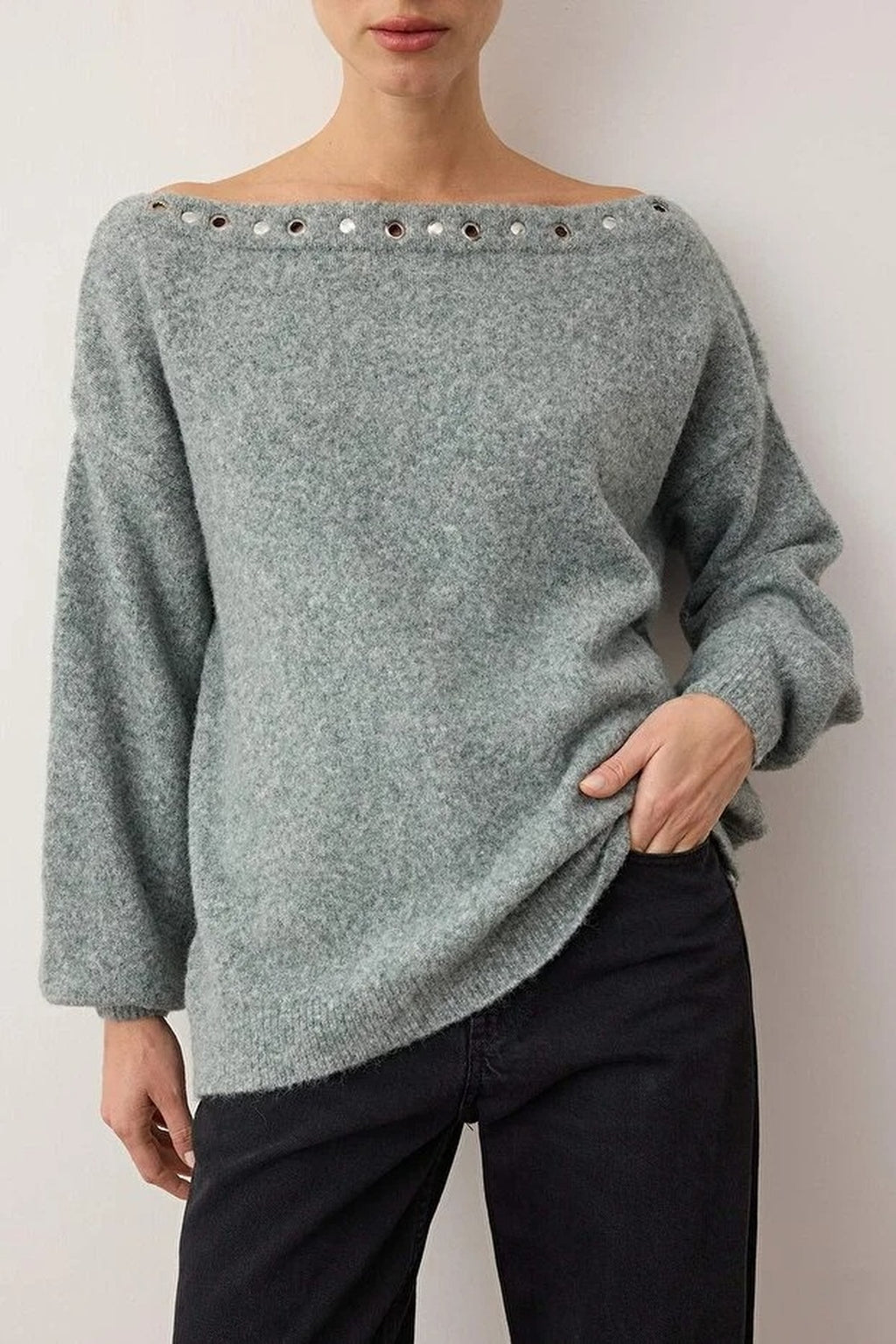 Boat Neck Woolen Soft Texture Knit Sweater with Eyelet Detail