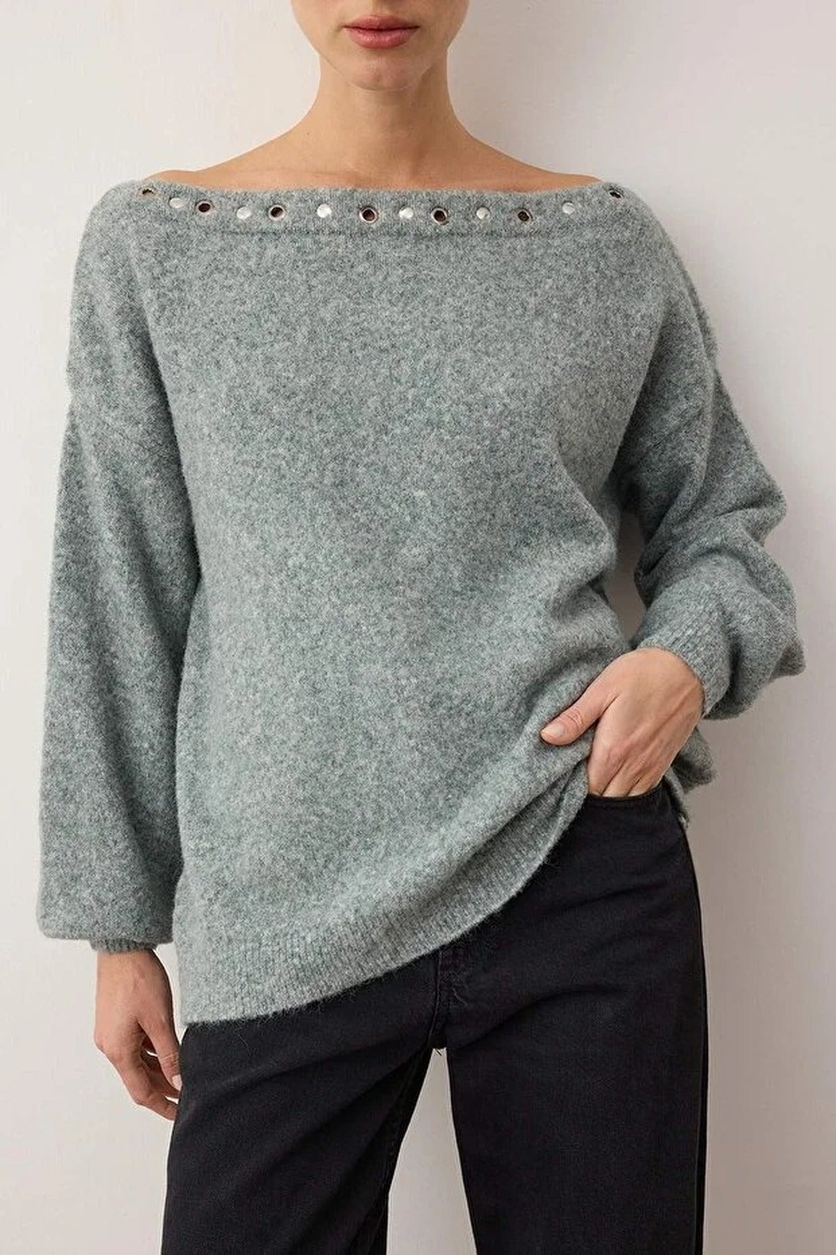 Boat Neck Woolen Soft Texture Knit Sweater with Eyelet Detail