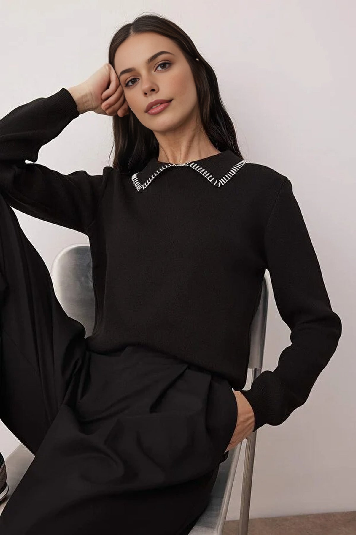 Cotton Knit Sweater with Collar and Stitching Details