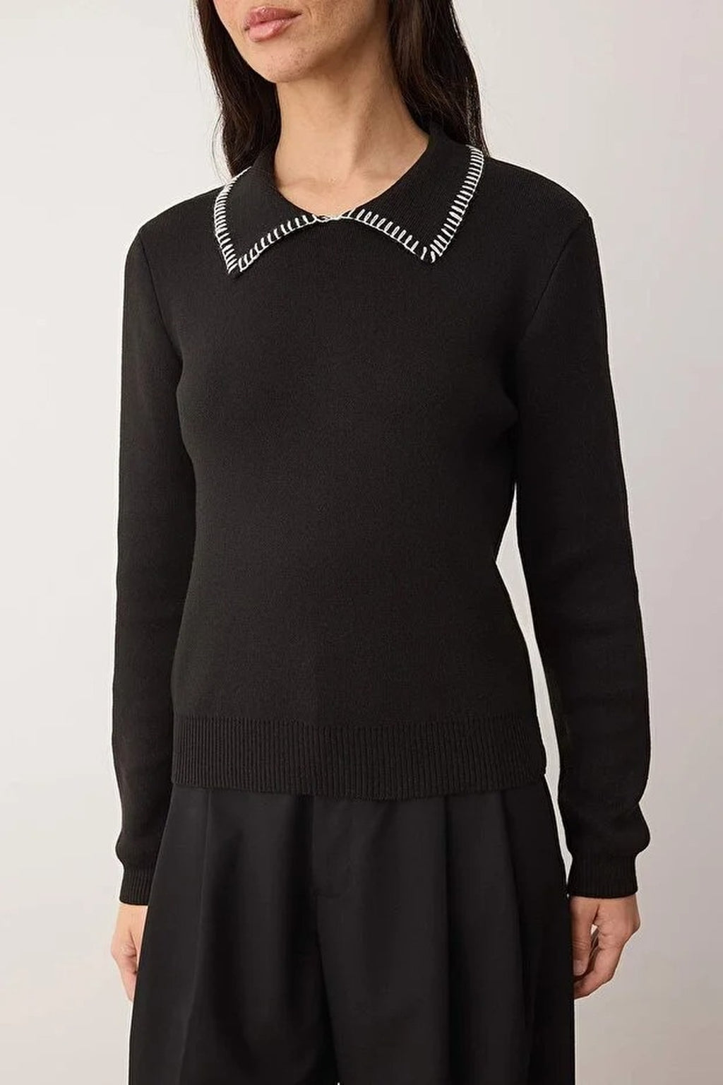 Cotton Knit Sweater with Collar and Stitching Details