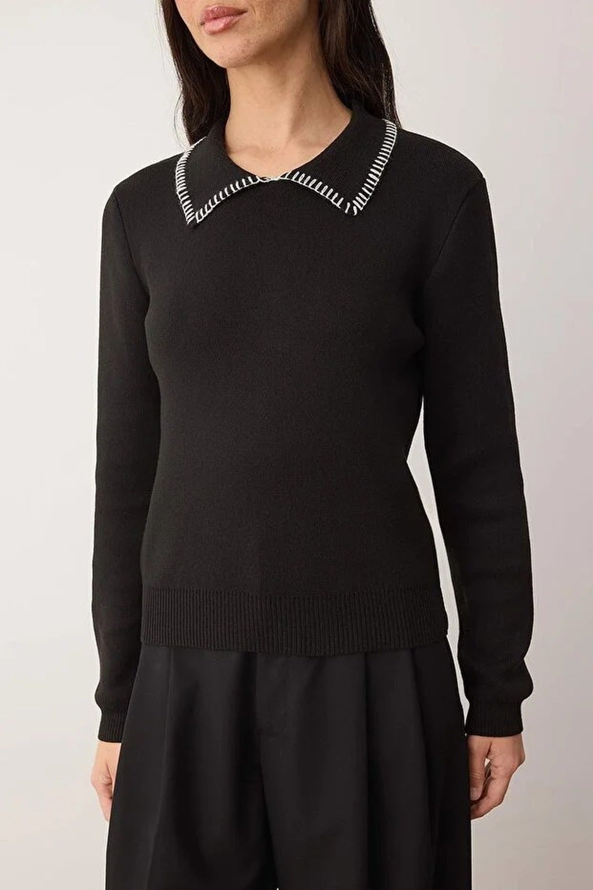 Cotton Knit Sweater with Collar and Stitching Details