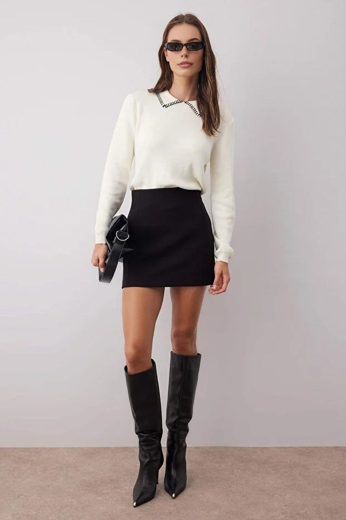 Cotton Knit Sweater with Collar and Stitching Details