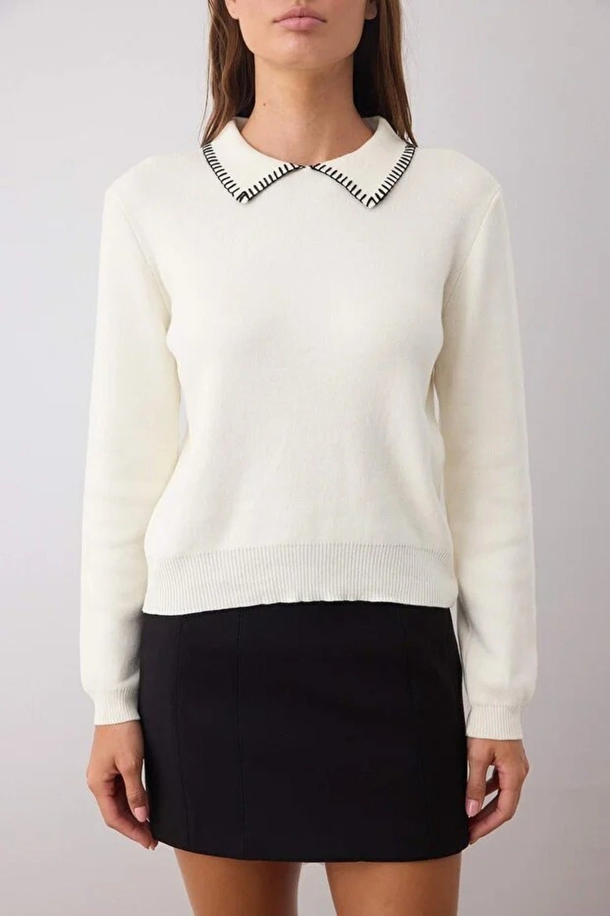 Cotton Knit Sweater with Collar and Stitching Details