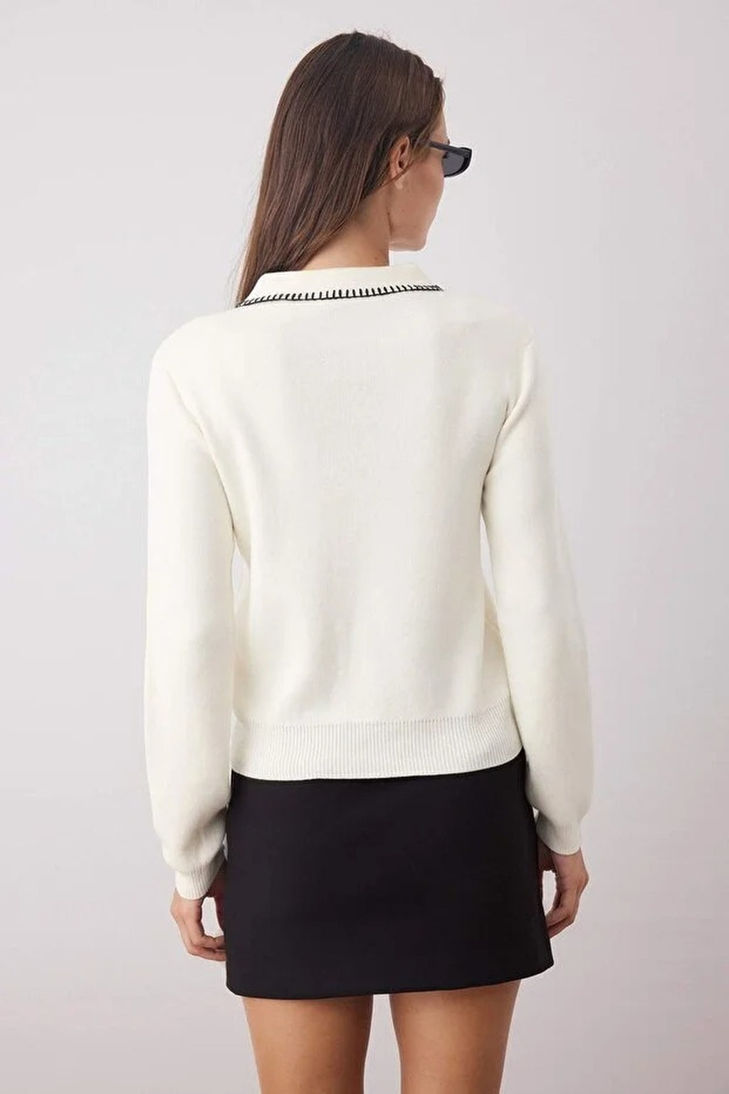 Cotton Knit Sweater with Collar and Stitching Details