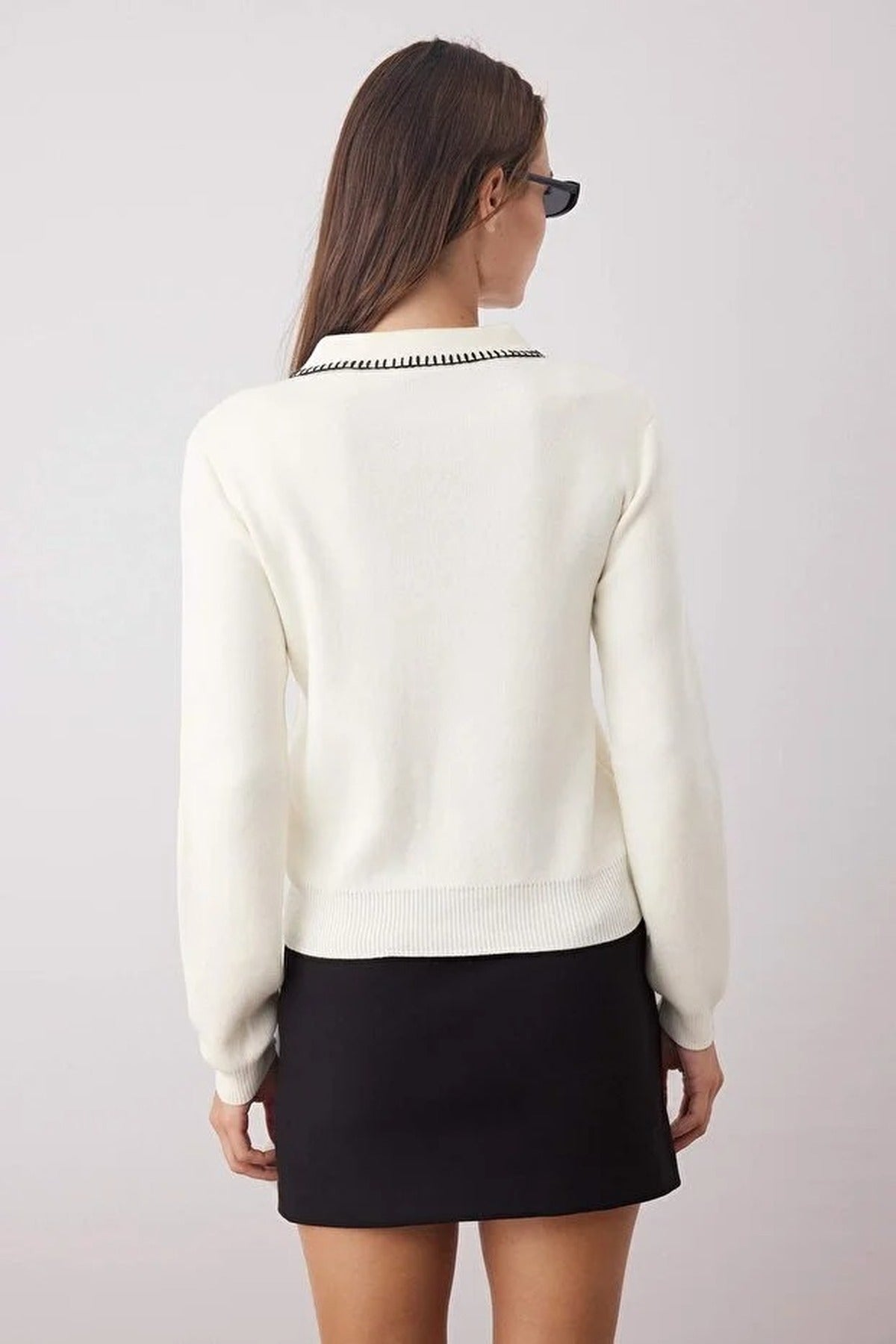 Cotton Knit Sweater with Collar and Stitching Details