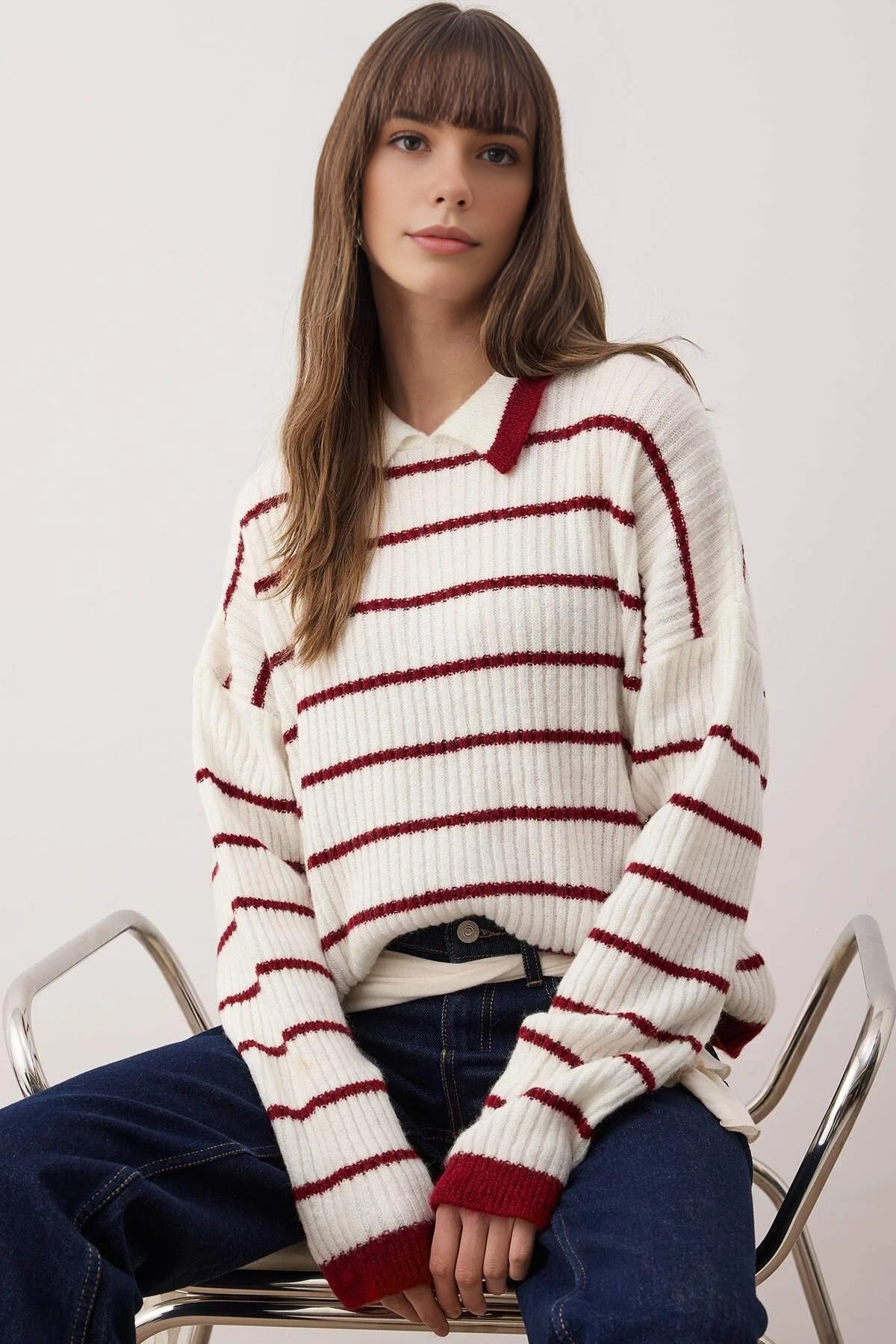 Polo Collar Striped Knit Sweater