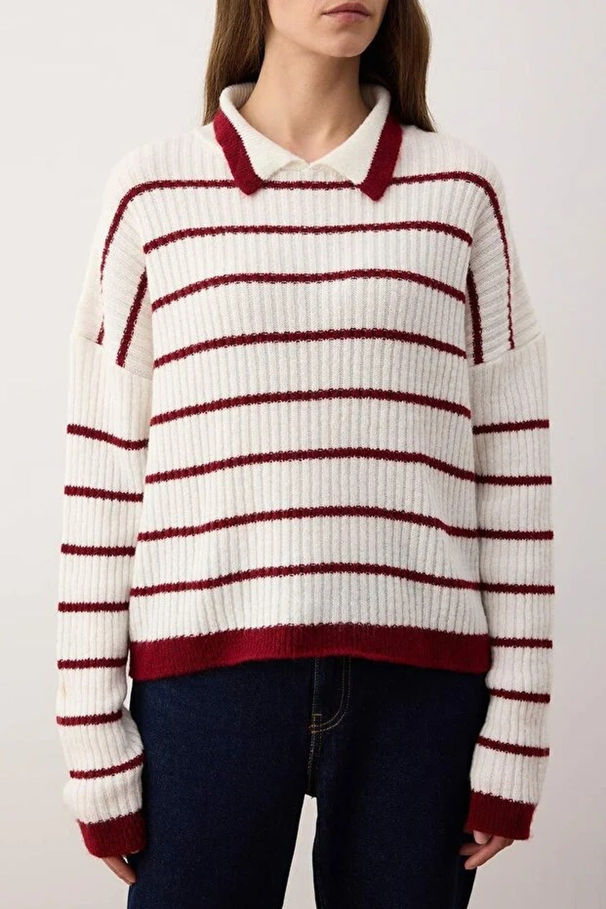 Polo Collar Striped Knit Sweater