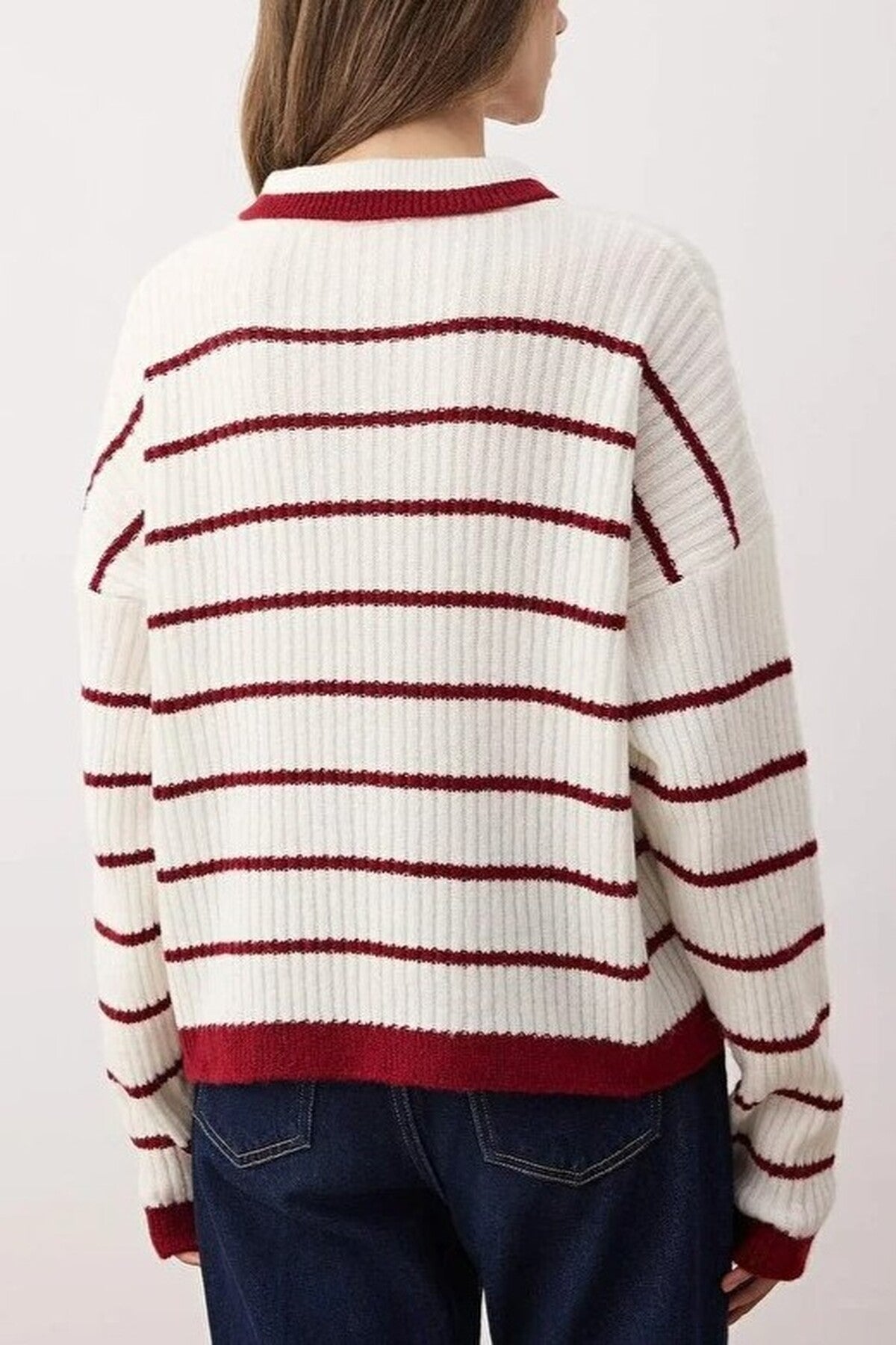 Polo Collar Striped Knit Sweater